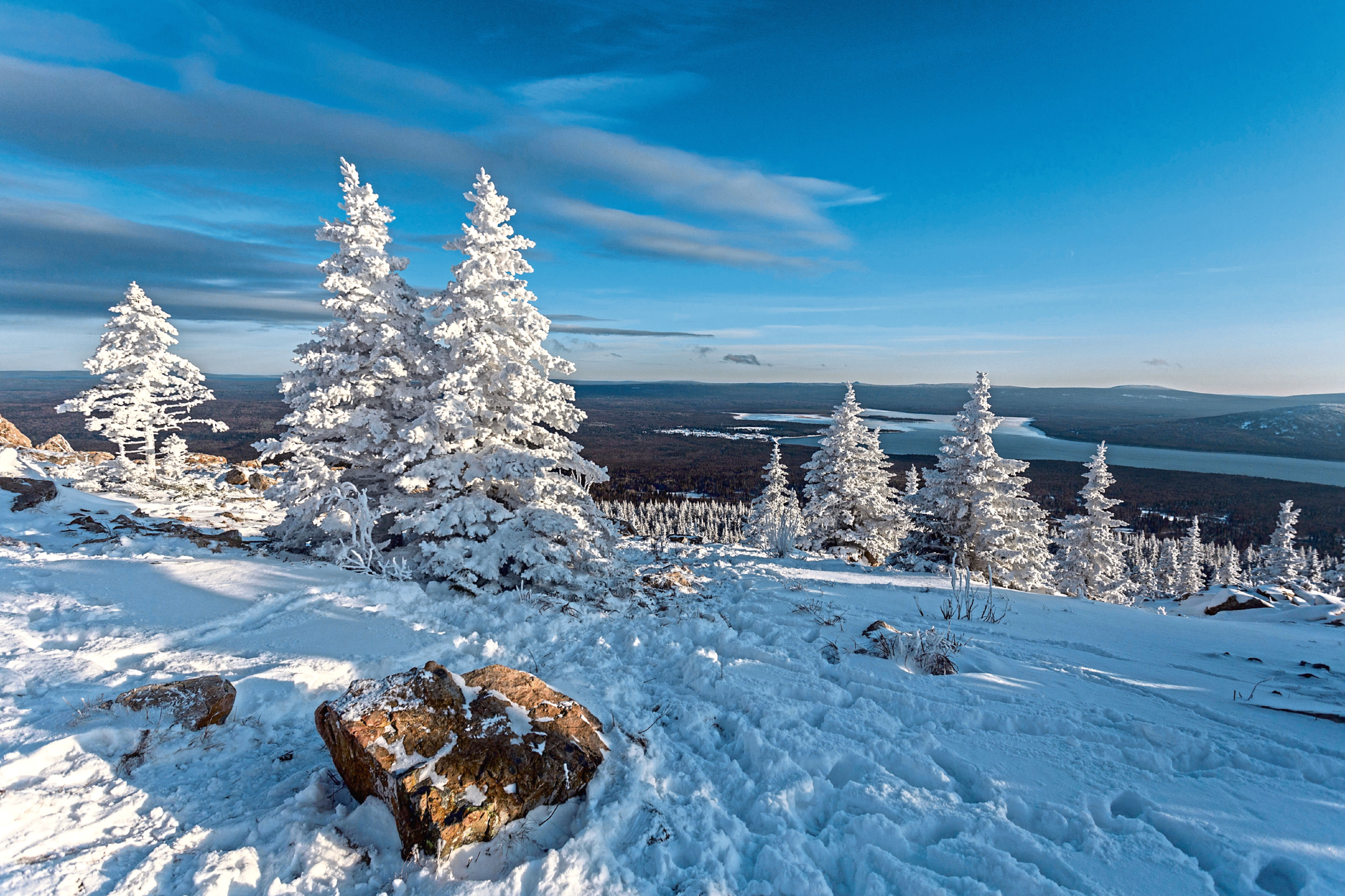 Snow-white trees on top of a mountain in the frozen Urals