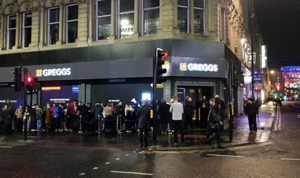 Crowds brave the rain to join the long queue on Wednesday night in Newcastle to be first to try Greggs’ vegan steak bake