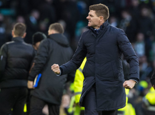 Steven Gerrard celebrates Rangers' win over Celtic