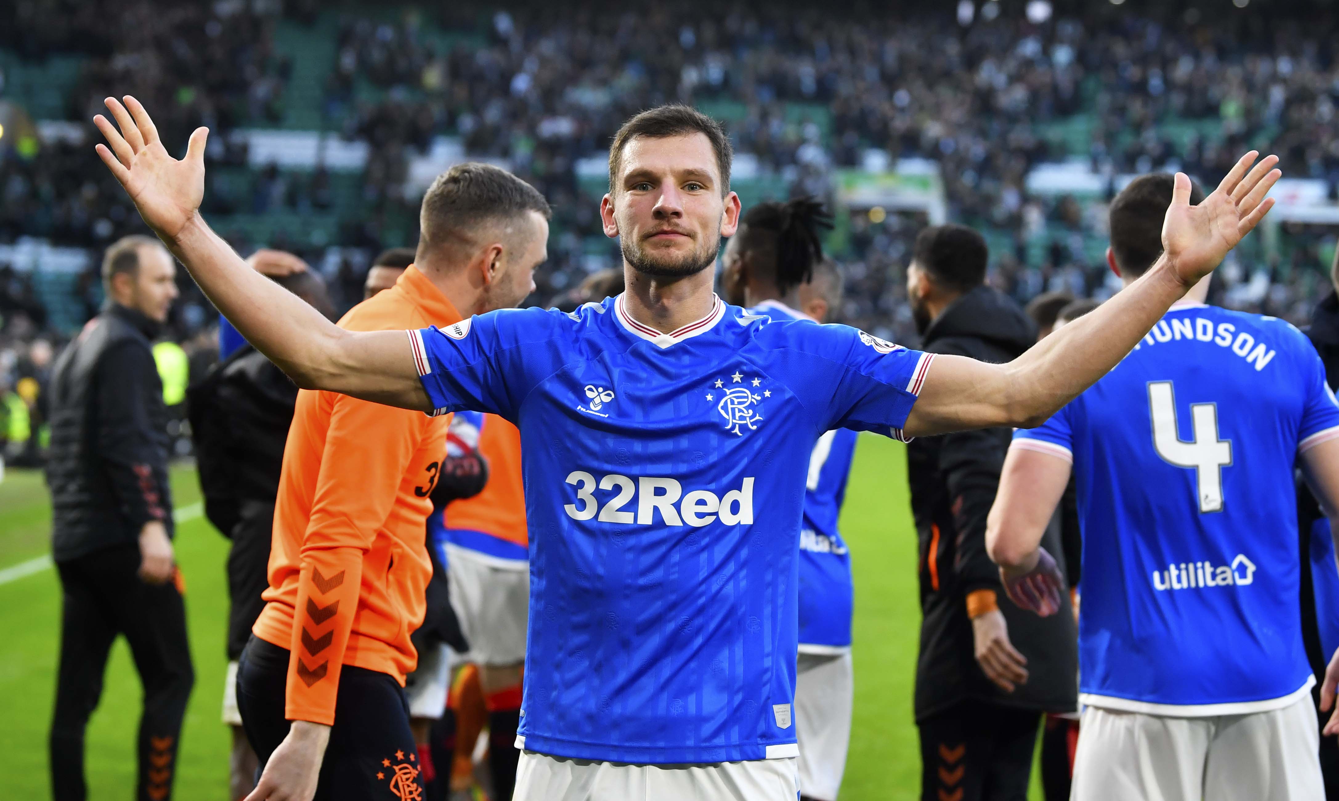Borna Barisic celebrates  after Rangers beat Celtic