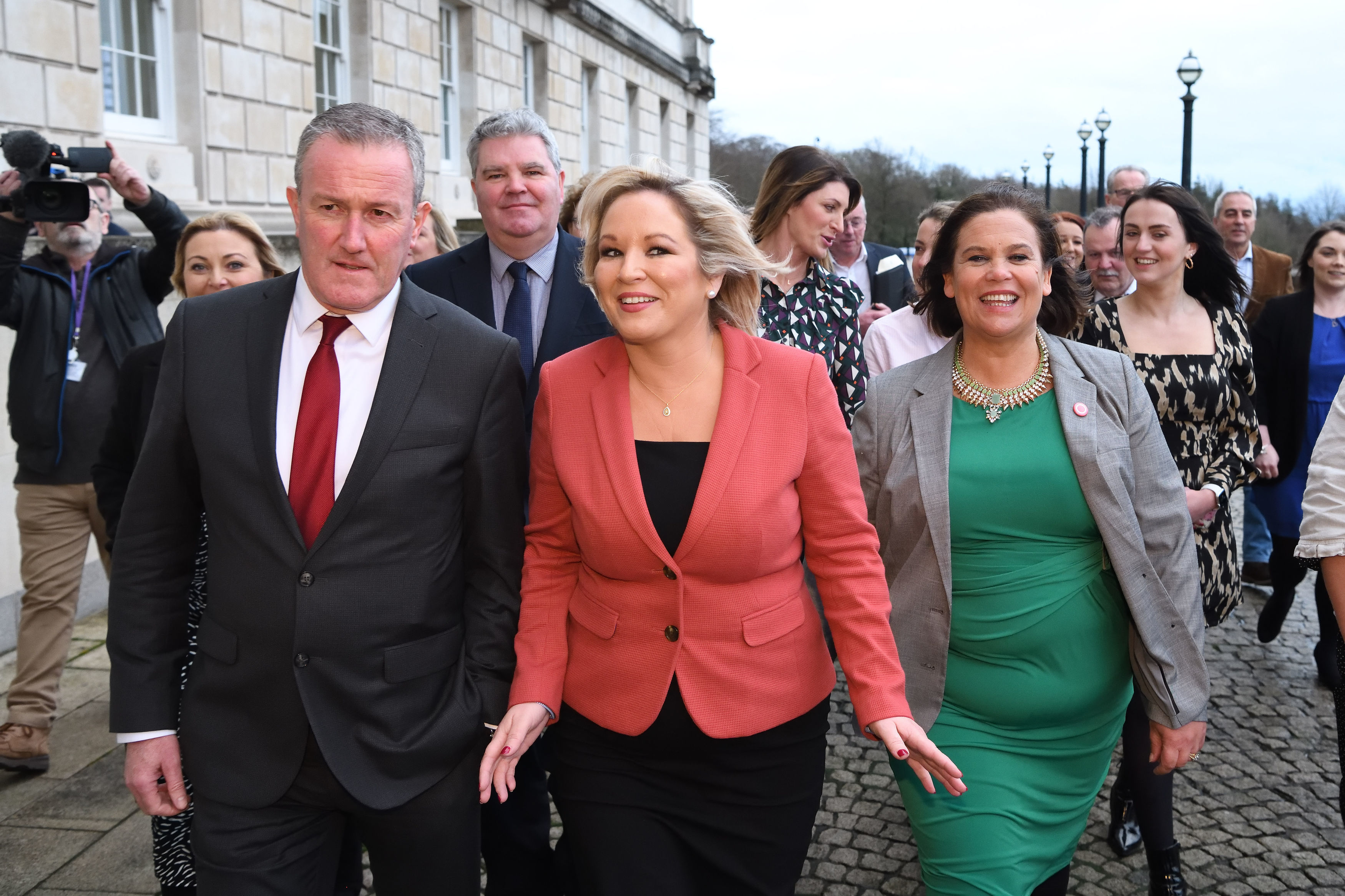 Northern Ireland’s new Deputy First Minister Michelle O’Neill, centre, arrives at Stormont with Conor Murphy and Mary Lou McDonald
