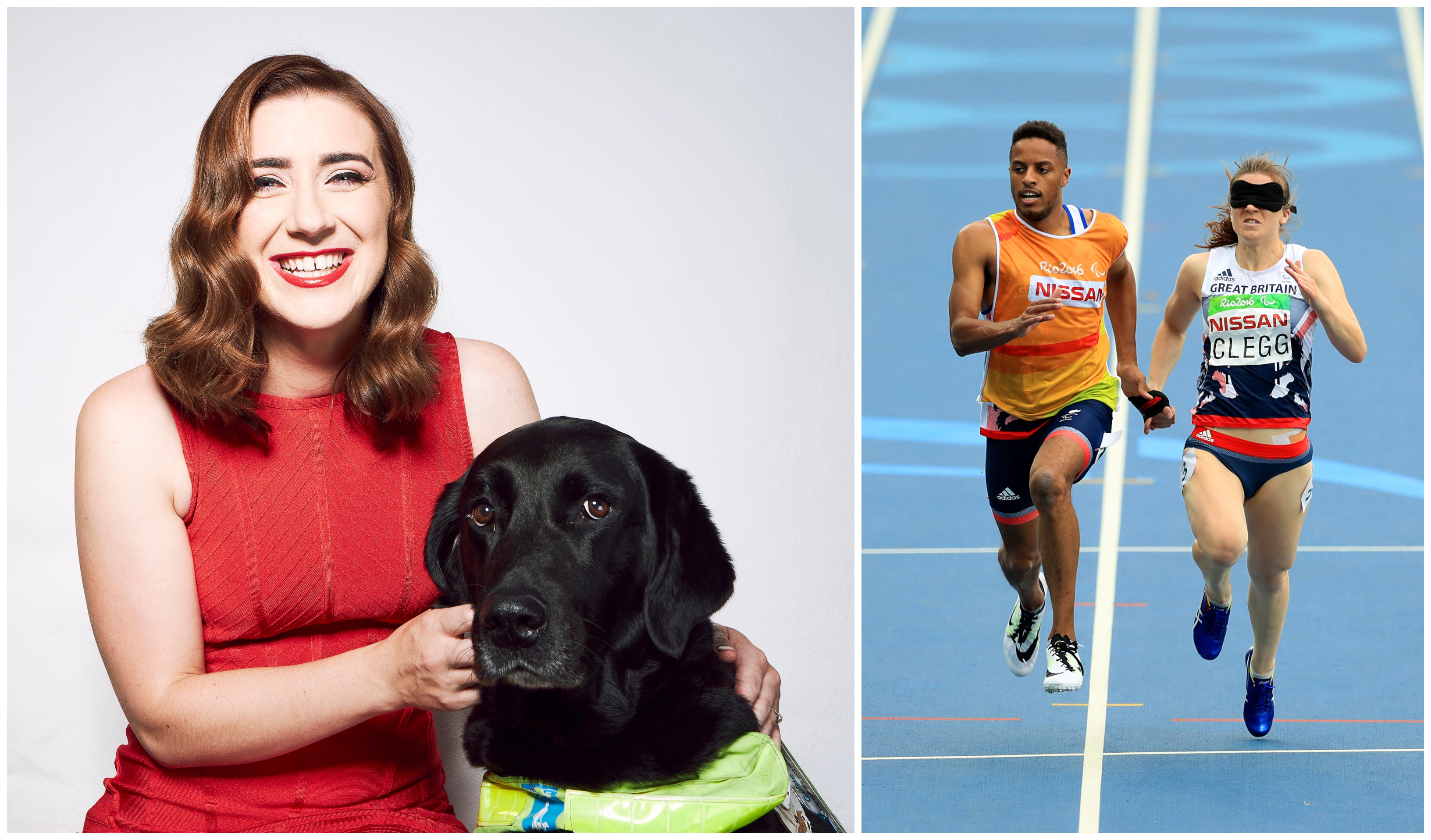 Libby Clegg with guide dog Hattie, left, and on the track at Rio 2016 with guide Chris Clarke