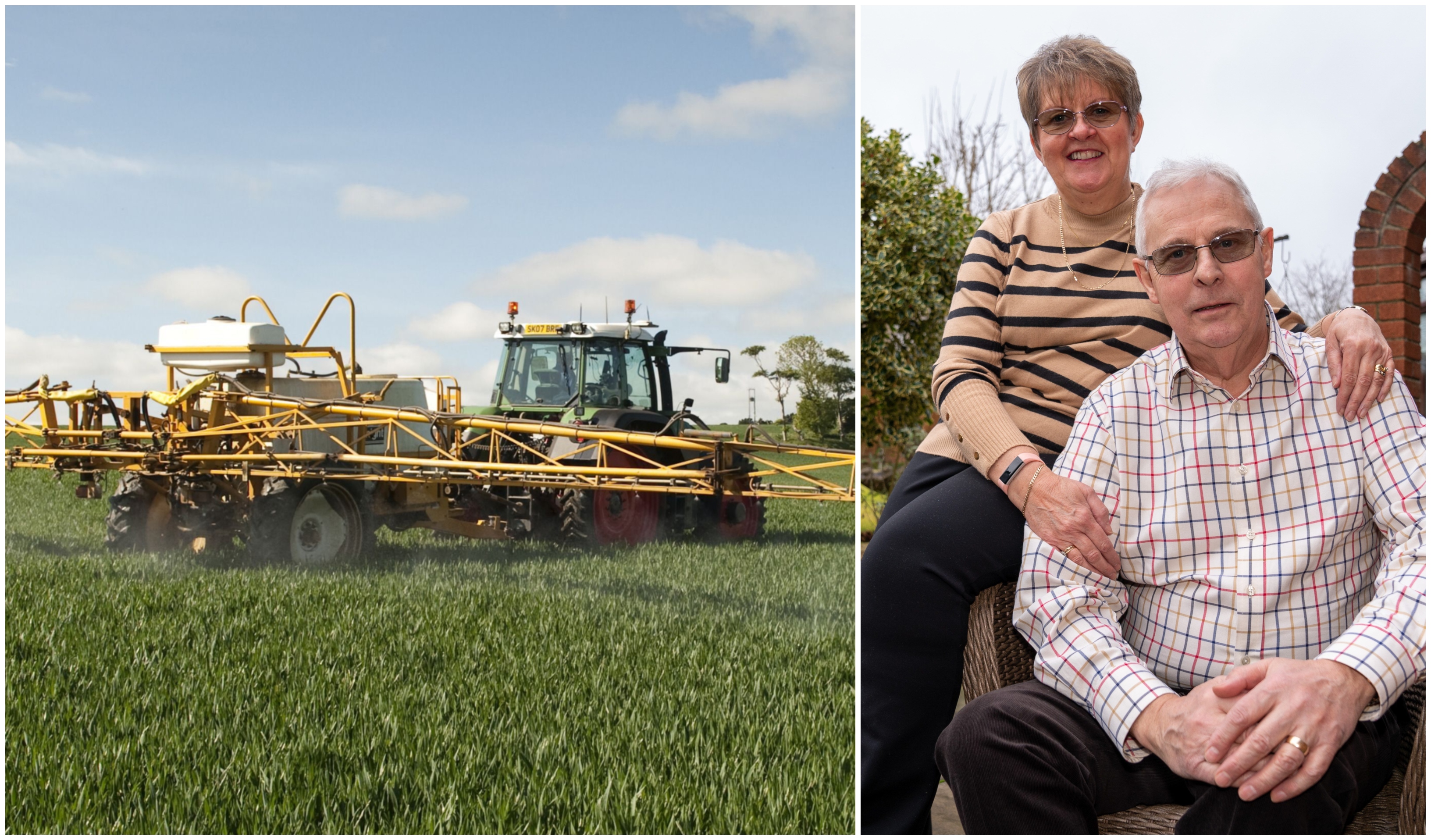 Iain Glen, who had breast cancer, and his wife May at home in East Whitburn, right, and left, a tractor sprays pesticides on a wheat field in North Berwick