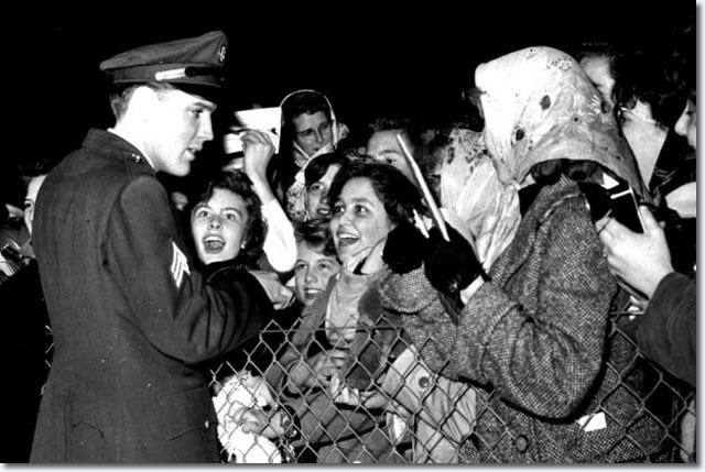 Fans greeting Elvis Presley during his only British visit at Prestwick Airport on March 2, 1960