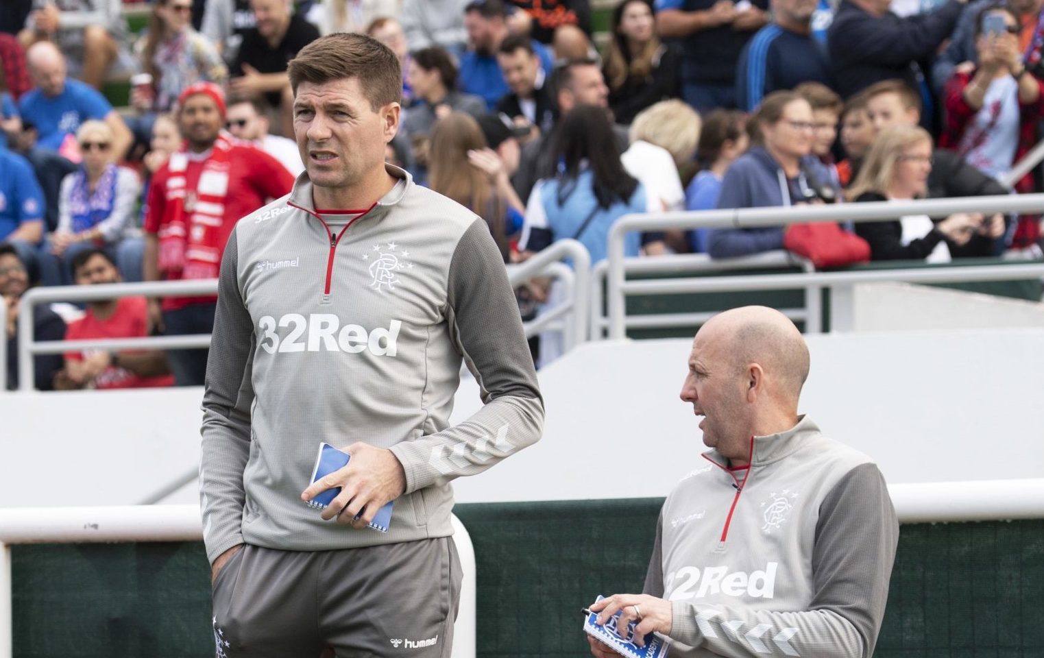 Gary McAllister with Steven Gerrard during Rangers’ bounce game against Lokomotiv Tashkent in Dubai