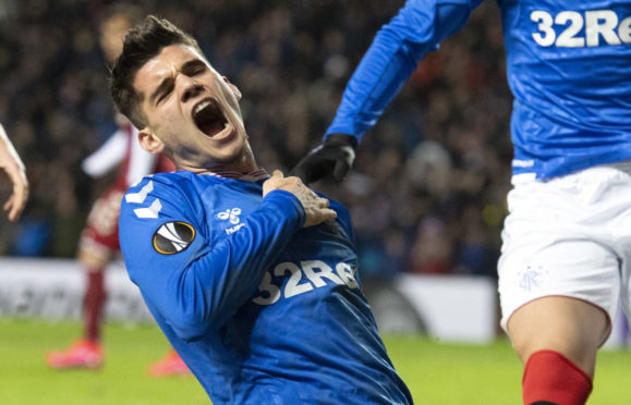 Ianis Hagi celebrates his winning goal against Braga in the Europa League