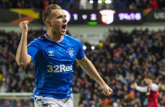 Greg Stewart celebrates Joe Aribo’s wonder goal at Ibrox last Thursday