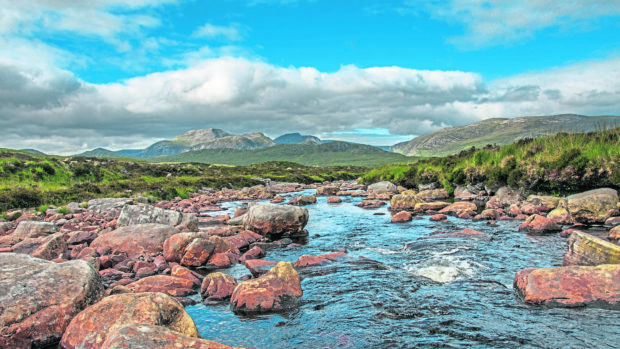 Looking down a Highland stream towards Beinn Dearg near Ullapool