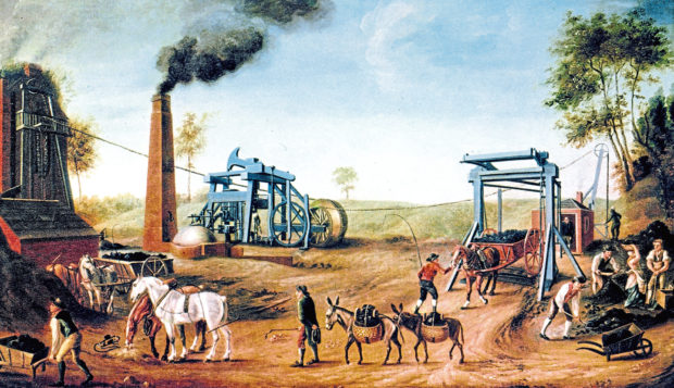 Painting of a James Watt steam engine at a coal mine in the 1790s. Scot William Murdoch is said to have made many improvements to the design but was never credited