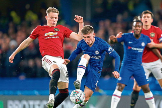 Billy Gilmour contests possession with Manchester United’s Scott McTominay. Could they be playing together for Scotland in the Euro 2020 play-off against Israel next month?