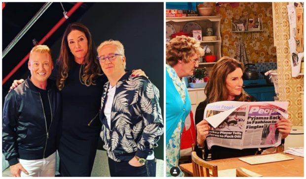 Caitlyn Jenner with Mrs Brown’s Boys stars Gary Hollywood, left, and Damien McKiernan on her visit to Glasgow, and filming the cameo