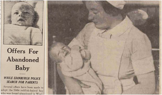 Peter is held by a nurse after being discovered, right, after the story was reported in the Sunday Post