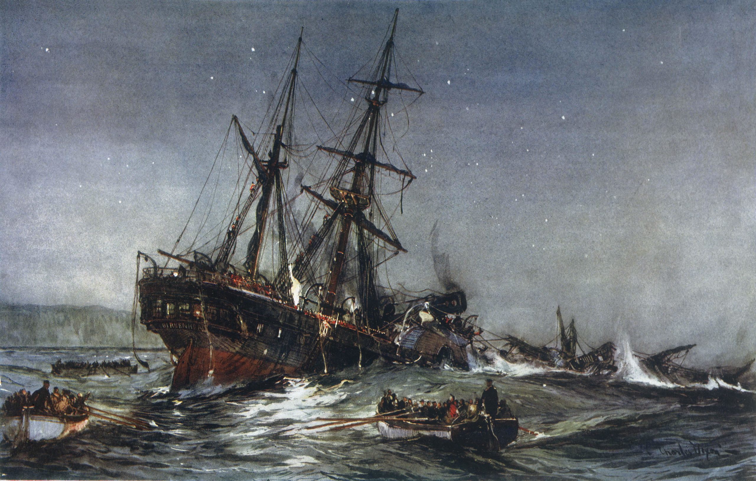 The sinking of the HMS Birkenhead, painted by Charles Dixon