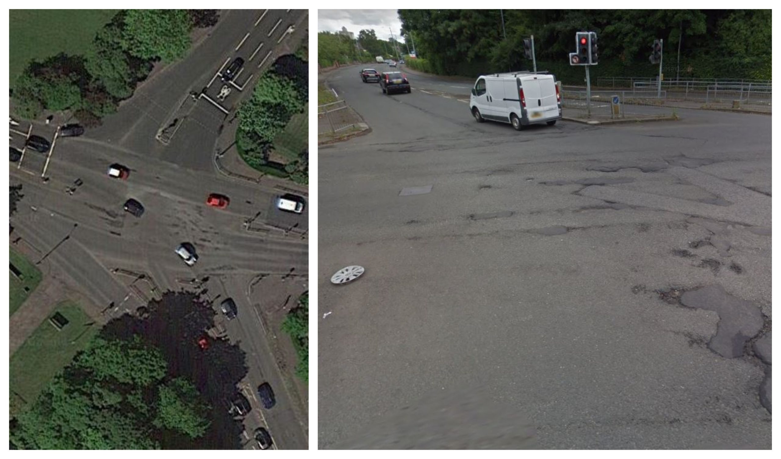 Potholes in Titwood Road, Glasgow, are visible on satellite images while street-level views reveal hubcaps lost by vehicles 
on pitted road