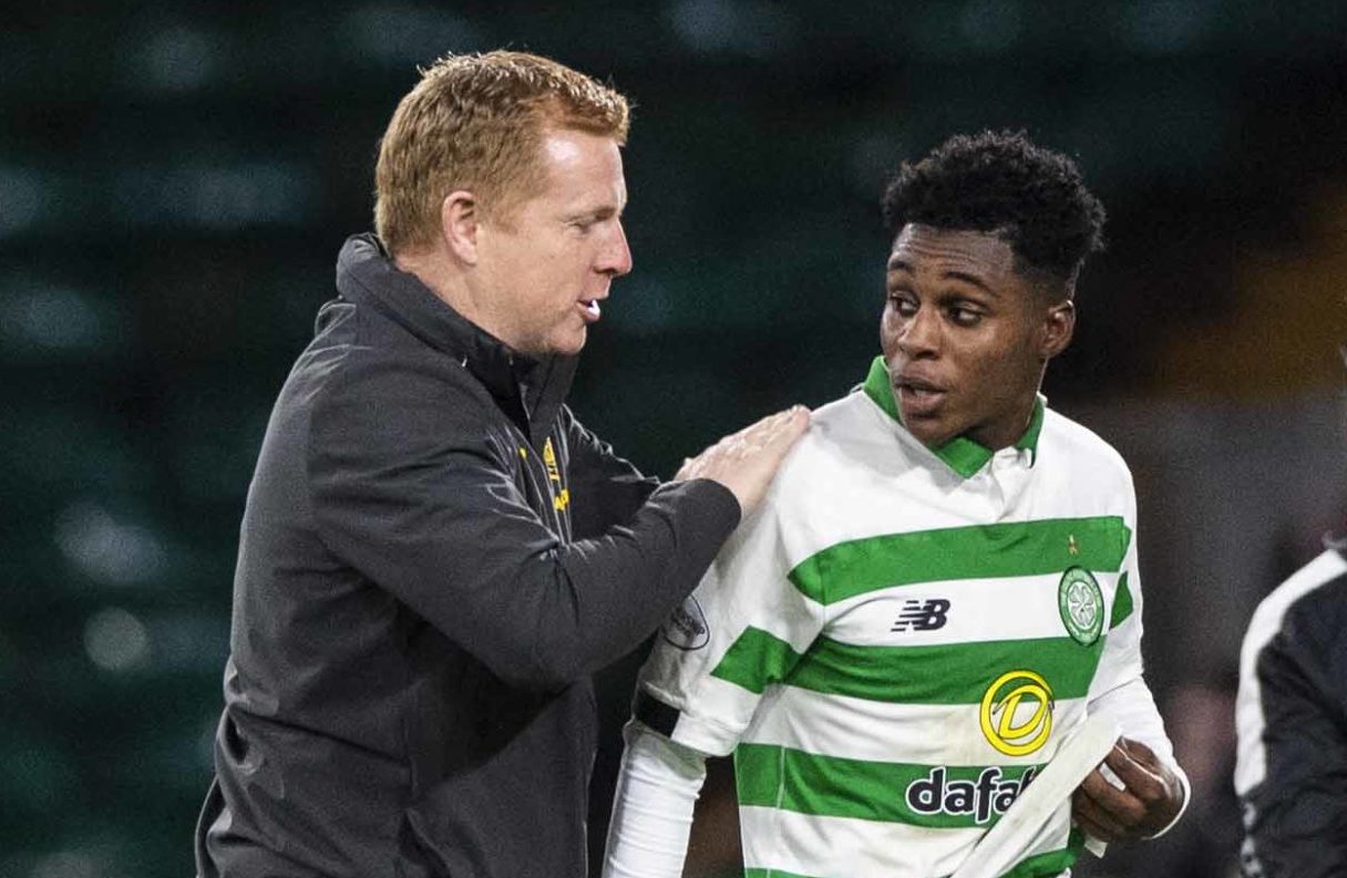 Celtic boss Neil Lennon with young defender Jeremie Frimpong