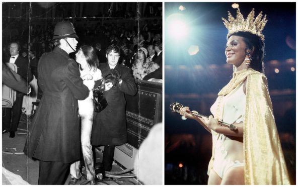 Jennifer Hosten, right, is the first black woman to be crowned Miss World, at 1970 pageant targeted by activists at Royal Albert Hall in London; left, a police officer restrains a protester