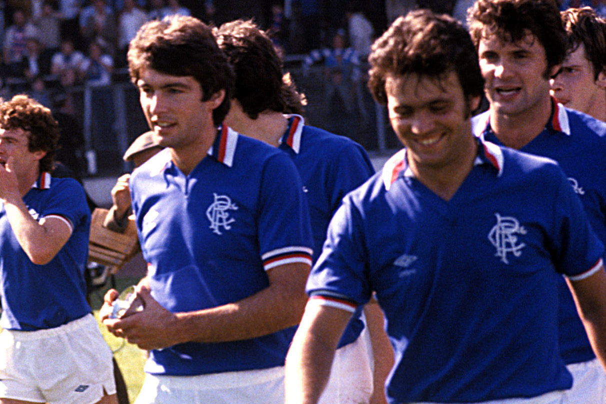 Gordon Smith and Davie Cooper celebrate Dryburgh Cup success with Rangers in 1979