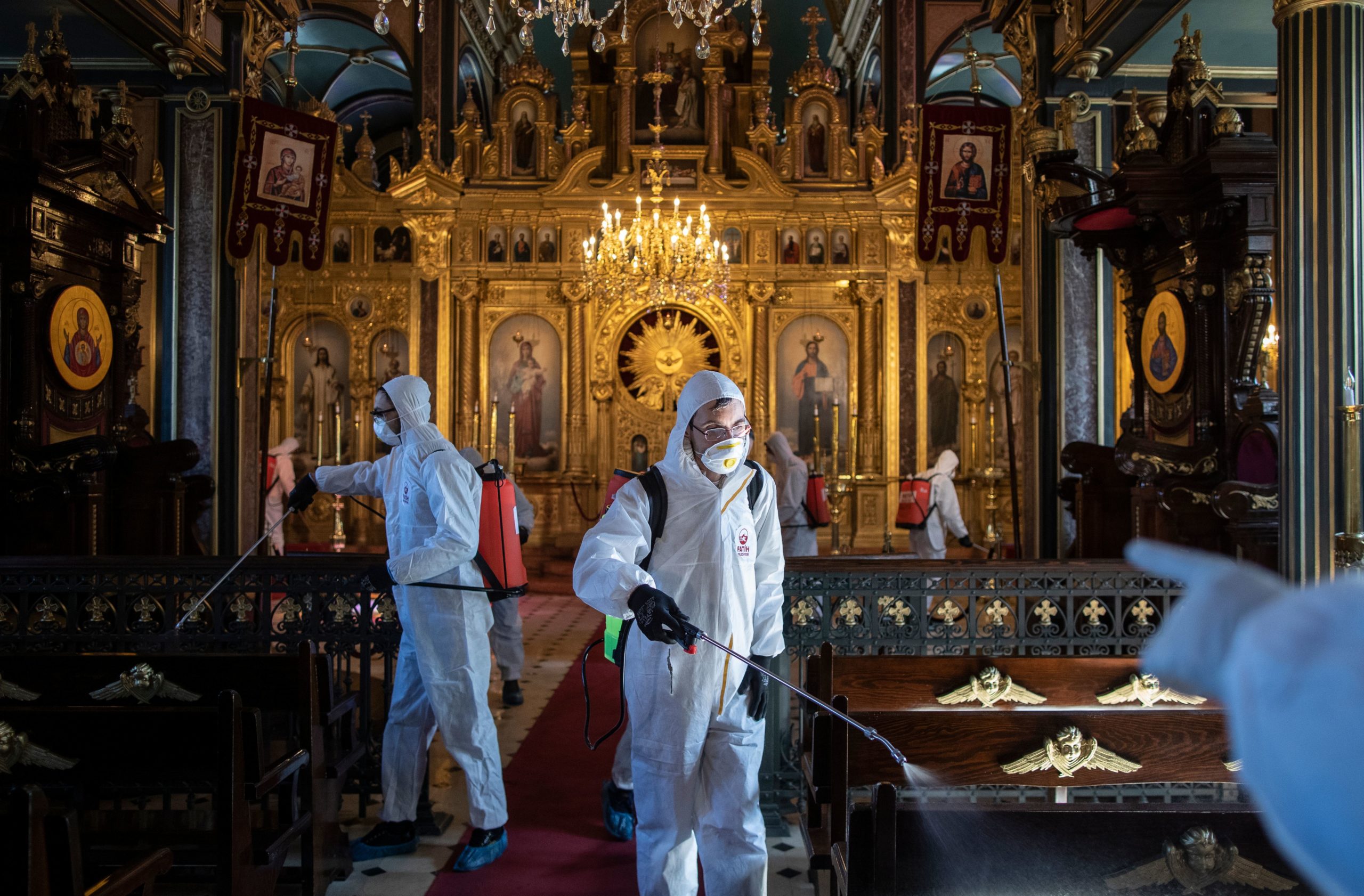 Members disinfect Sveti Stefan church to prevent the spread of     coronavirus in Istanbul, Turkey, as crisis escalated last week
