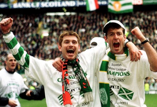 Celtic's Tommy Johnson celebrates winning the league with team mate Chris Sutton (right) in 2001