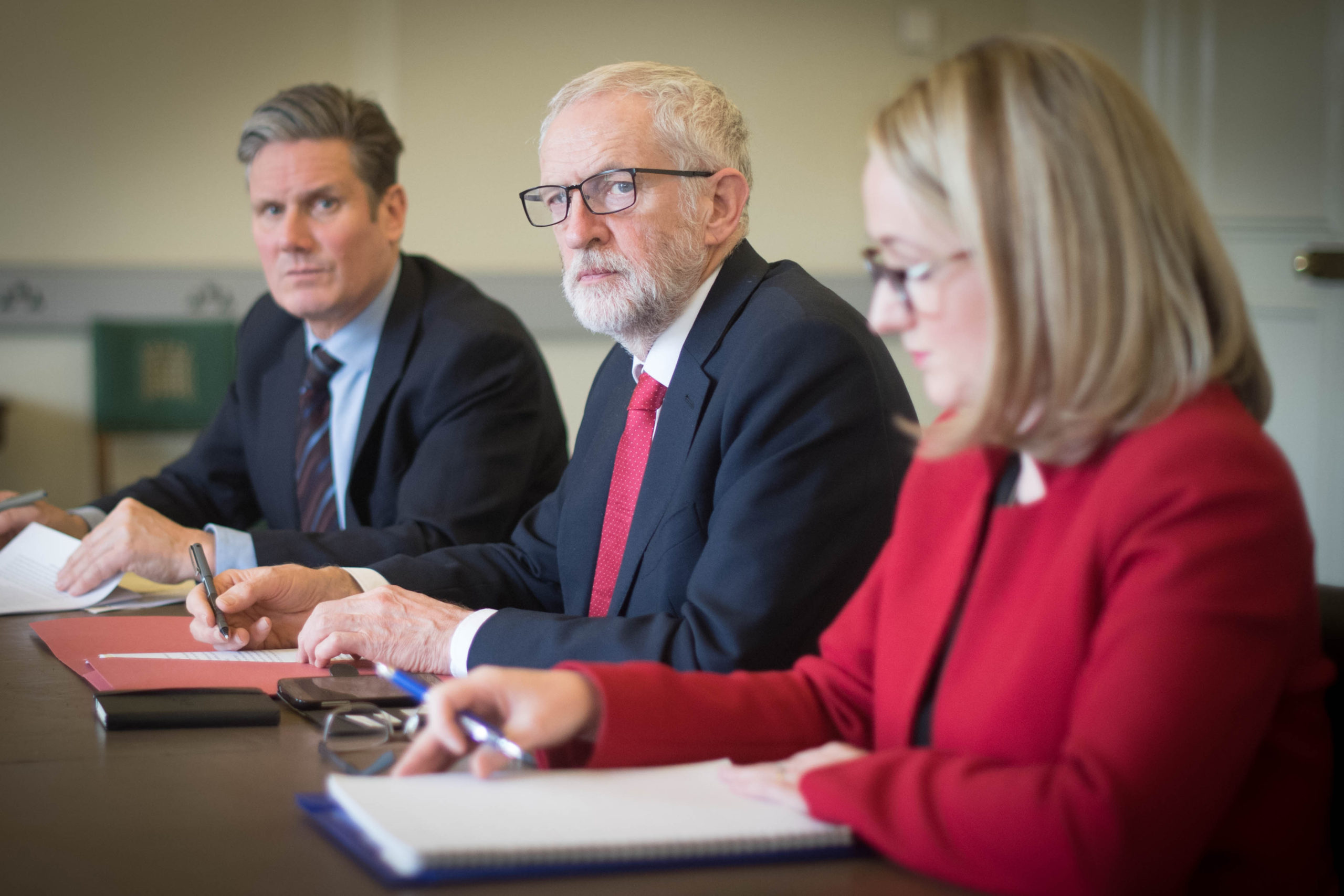 Jeremy Corbyn flanked by Keir Starmer and Rebecca Long-Bailey
