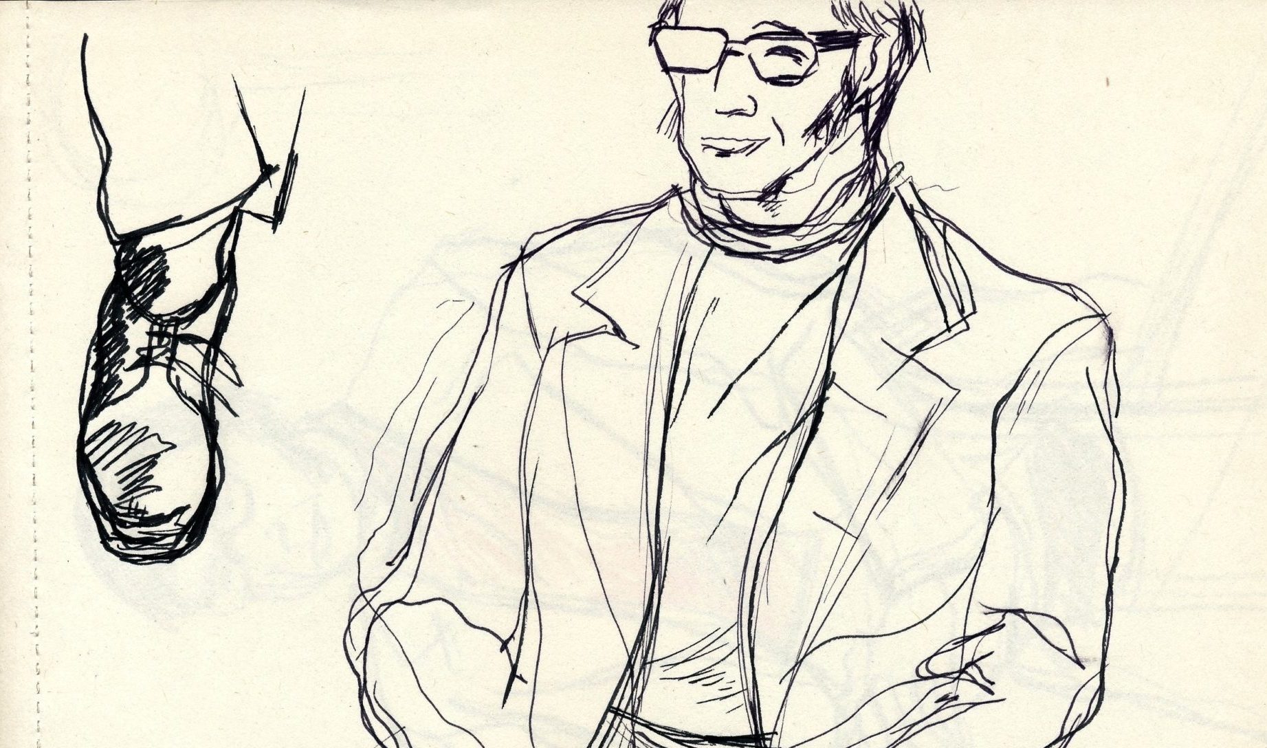 Sandy Moffat's notepad with sketches of Edwin Morgan drawn as a study for his 1970s painting of the poet