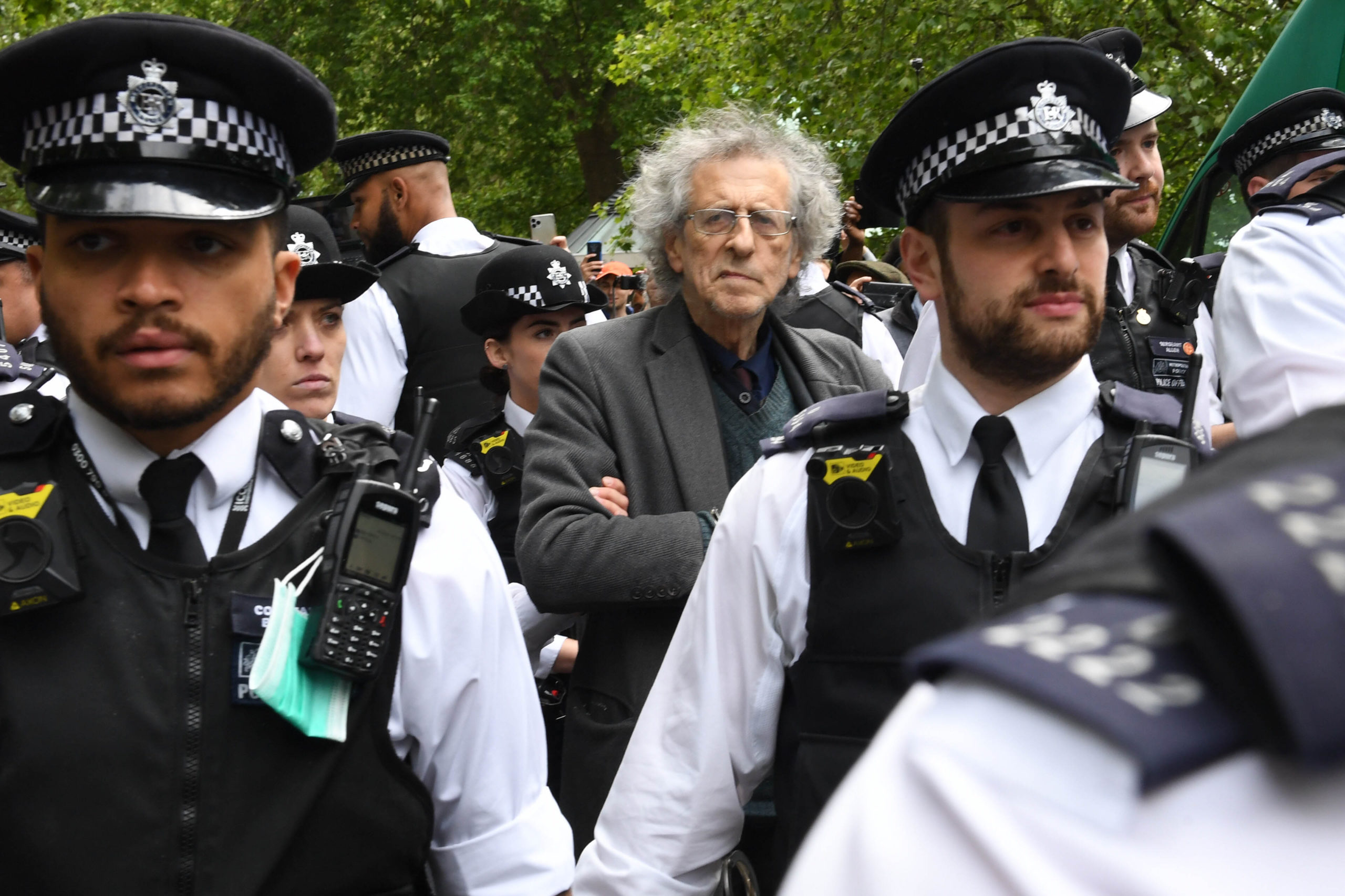 Piers Corbyn is led away by police after a protest against lockdown at Hyde Park, London yesterday
