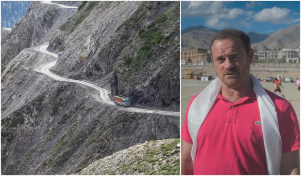 The cliffside Srinagar-Jammu road in the Kashmir Valley, main, described by Real Kashmir FC manager David Robertson, right, as the most terrifying journey in the world