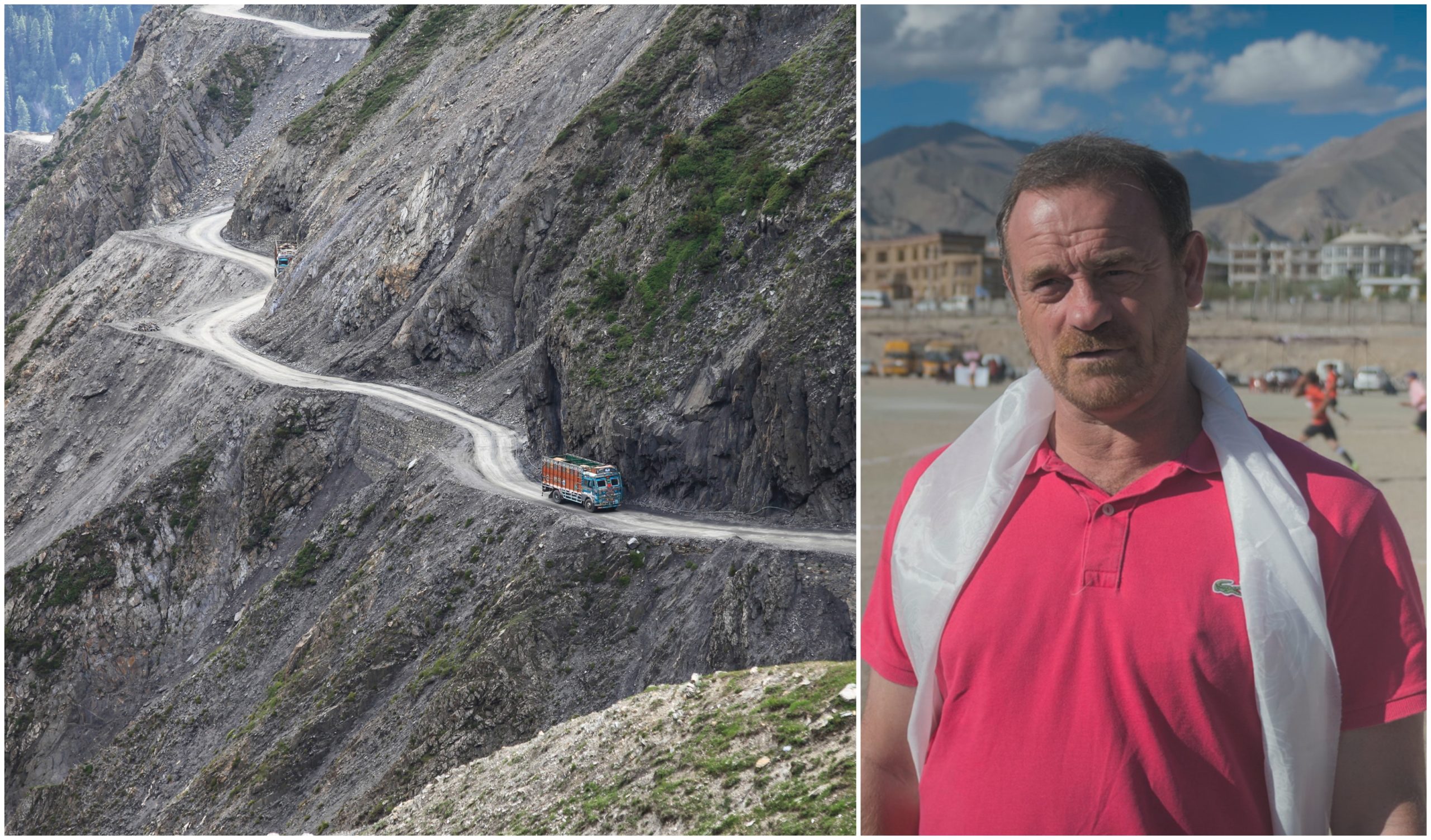 The cliffside Srinagar-Jammu road in the Kashmir Valley, main, described by Real Kashmir FC manager David Robertson, right, as the most terrifying journey in the world