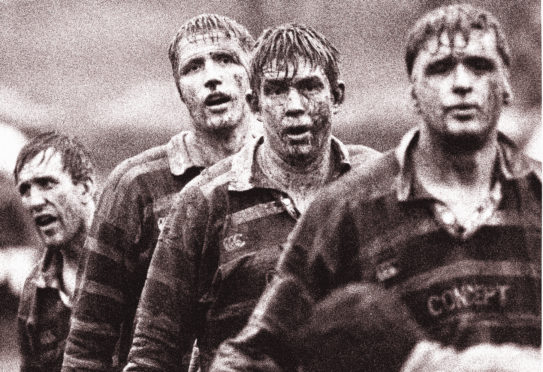 Scotland legend Doddie Weir (second left) in full mud-and thunder mode for Melrose back in 1993