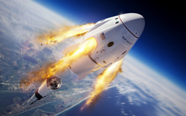 A SpaceX illustration of their Crew Dragon capsule and Falcon 9 rocket
