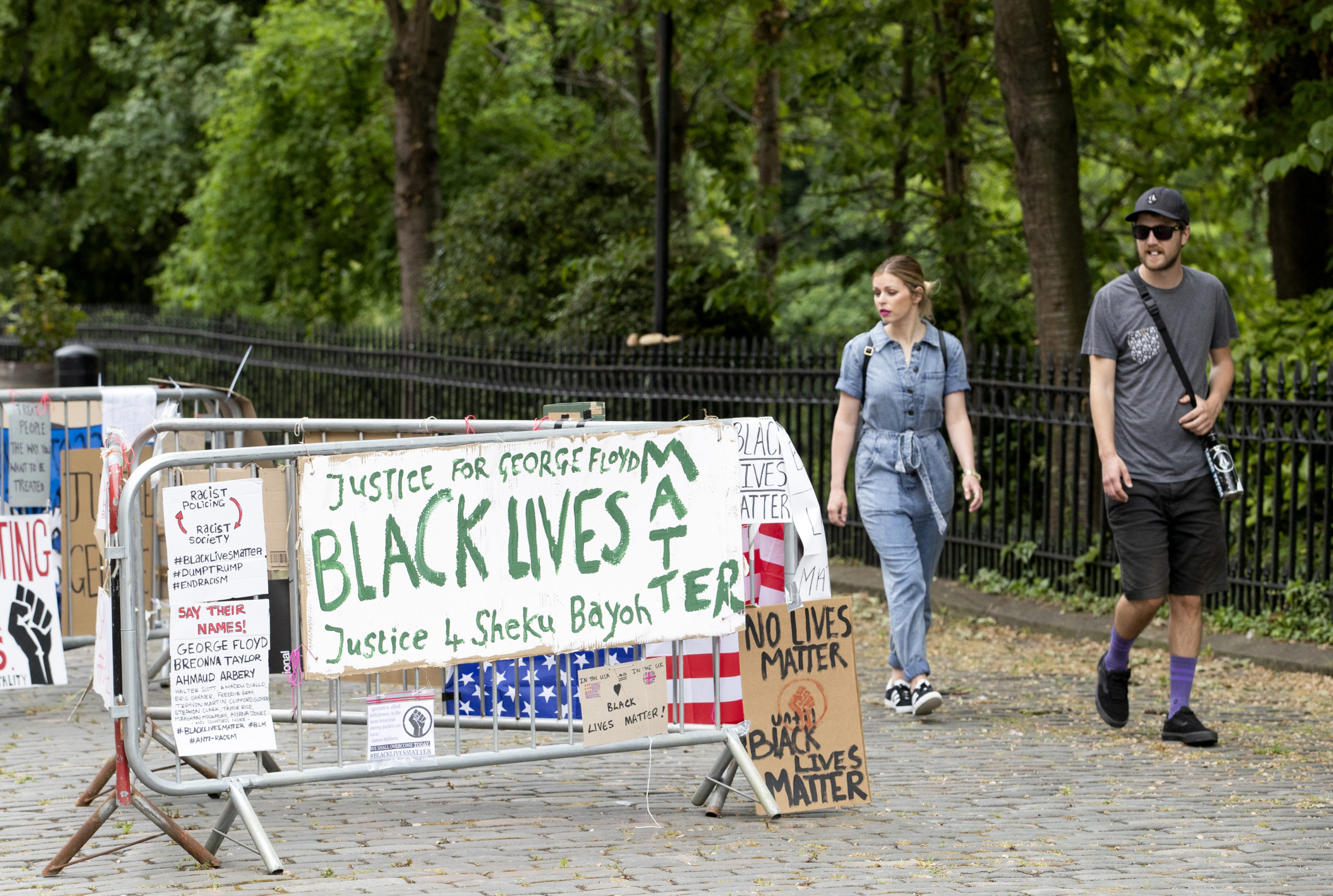 Protest posters outside the US Consulate General office in Edinburgh in response to the police killing of George Floyd in the US