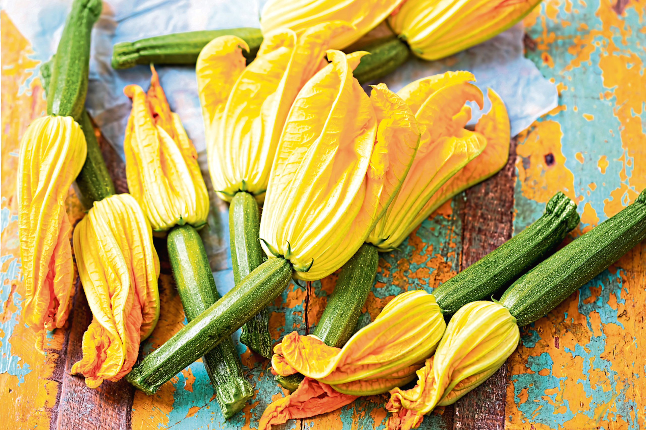 Courgette flowers, deep fried, are a tasty treat