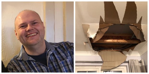 David Birkhead and pictures showing damage 
in his ceiling caused by a burst pipe