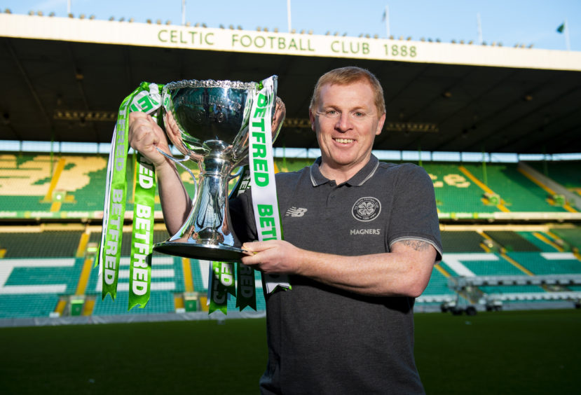 Neil Lennon with the Betfred Cup trophy...