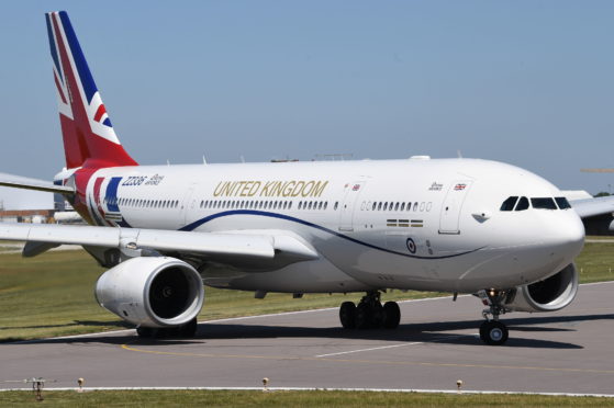 The RAF Voyager used by the Prime Minister and the royal family on the runway at Cambridge airport