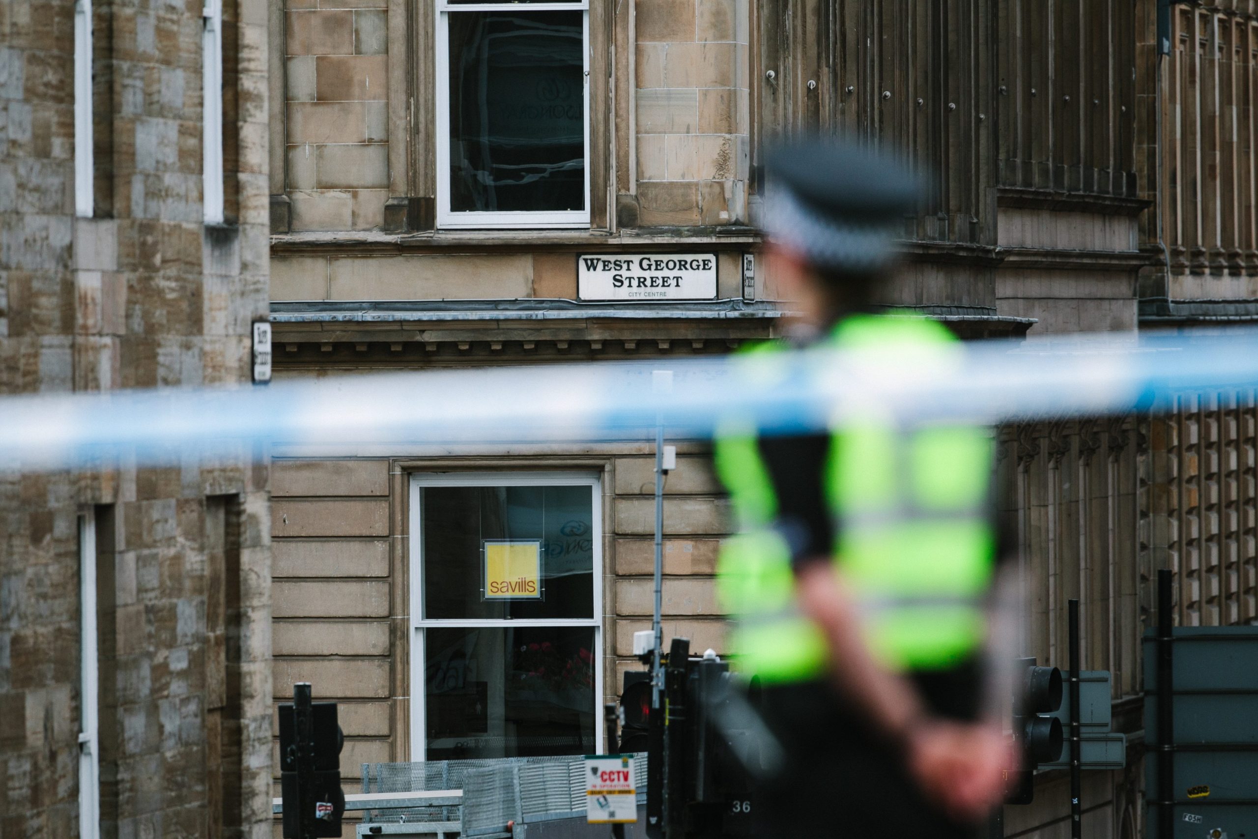 Cordoned off streets around the Park Inn hotel, on West George Street, Glasgow,