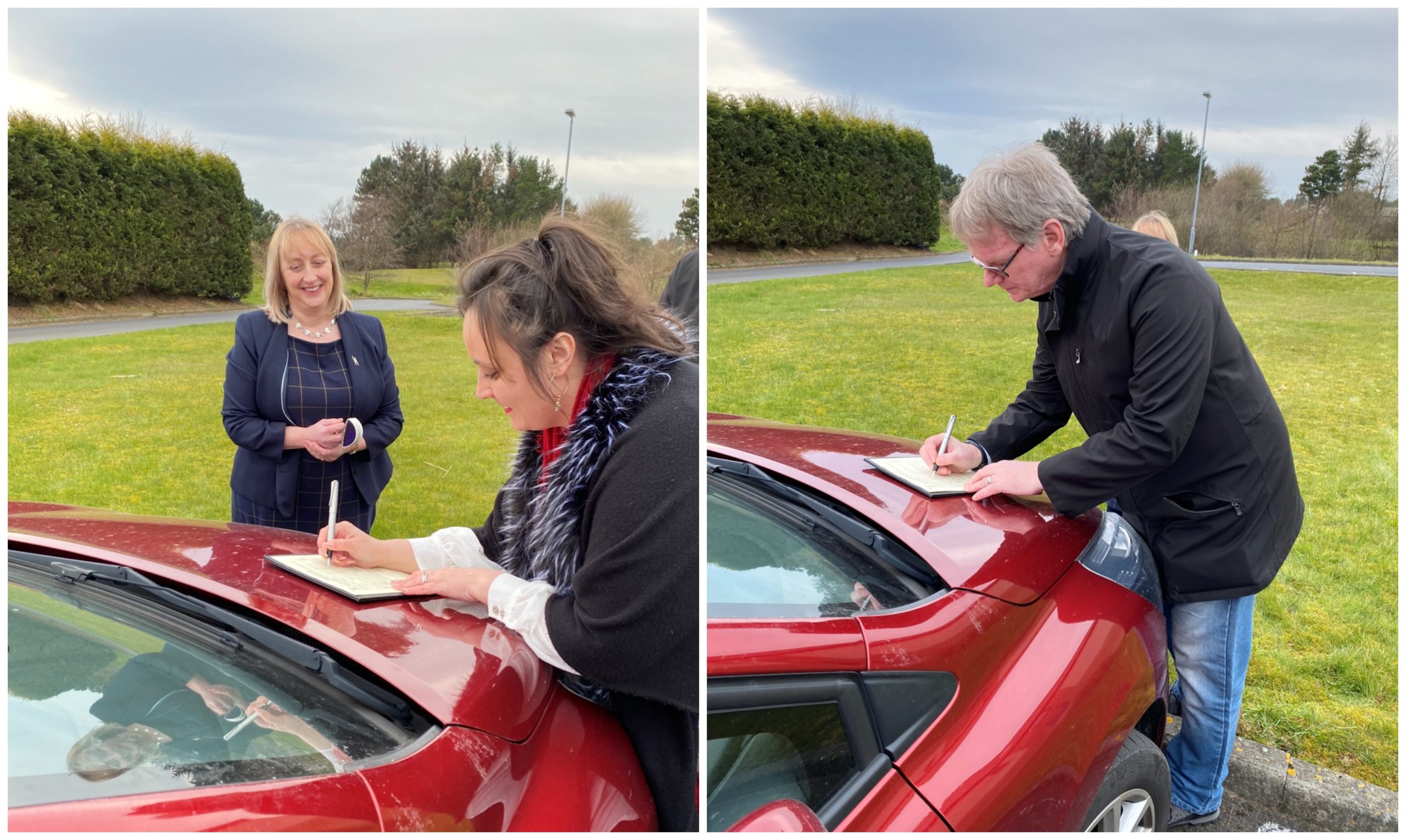 Wedding bonnet: First, Joanna makes it official on mum’s car...  Then husband Steve signs the wedding documents in most unusual circumstances