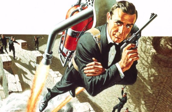 Sean Connery as 007 escapes in a jet pack from gunmen in the poster for 1965 007 movie Thunderball, based on Ian Fleming’s spy thriller