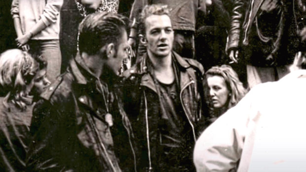 Joe Strummer, right, and Paul Simonon of The Clash at Glasgow School of Art during the band’s 
two-day busking trip to the city