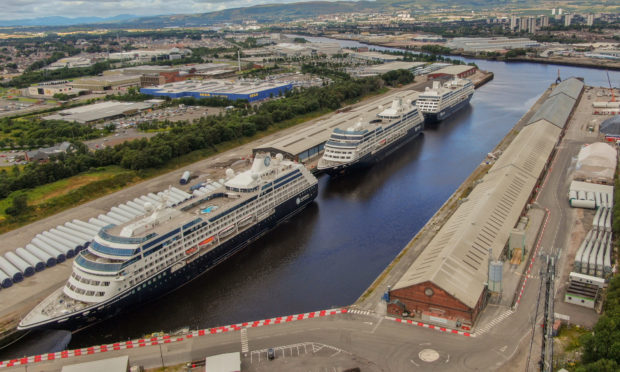 Azamara Quest (middle) with sister ships Journey and Pursuit lined up at King George V Dock in Glasgow