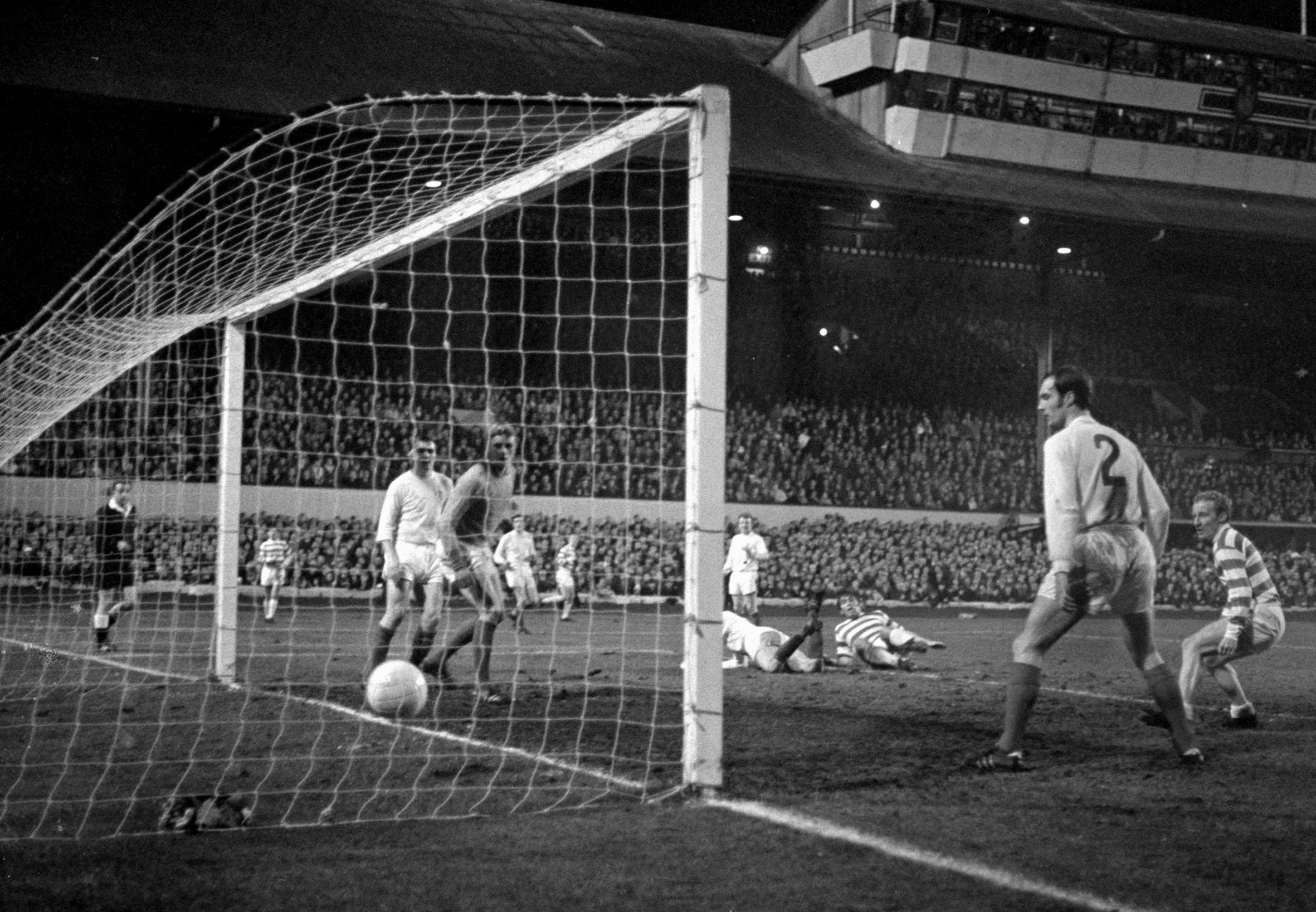 John Hughes scores the equaliser at the Celtic End in the 1970 European Cup semi-final