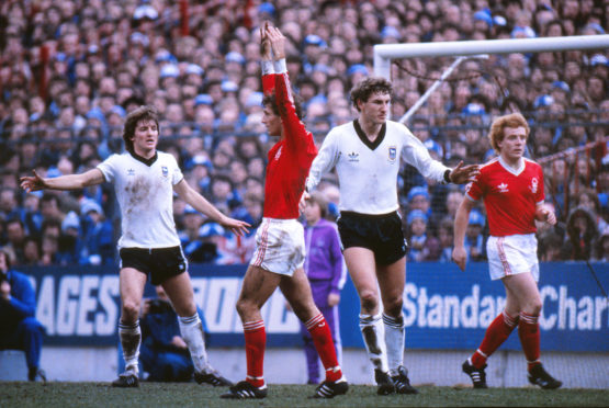 Russell Osman and Terry Butcher up against Nottingham Forest’s Trevor Francis and Ian Wallace in 1981