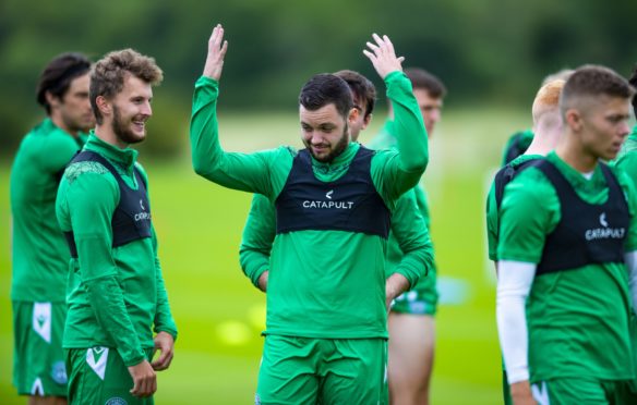 Drey Wright has some fun in training with his new Hibs team-mates