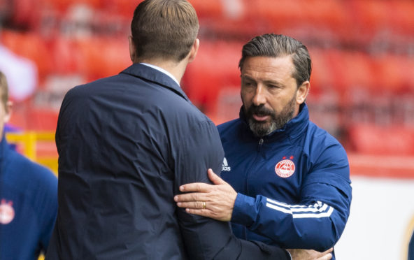 Derek McInnes with Steven Gerrard after Aberdeen had lost to Rangers last Saturday. But that was just the start of the Dons boss’ problems