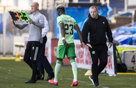 Neil Lennon wishes Boli Bolingoli well before his substitute appearance at Rugby Park