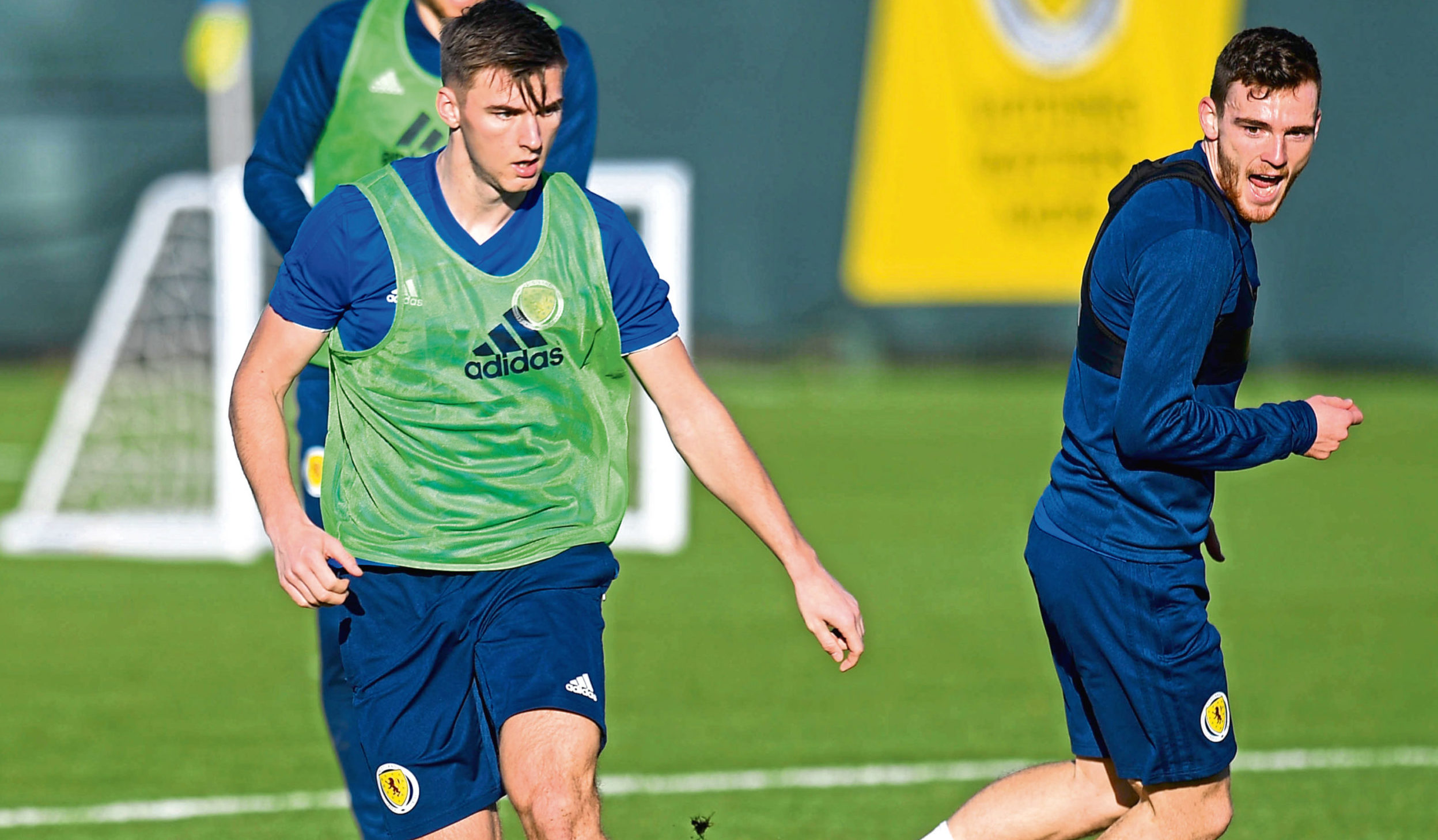 Kieran Tierney and Andy Robertson during a Scotland training session