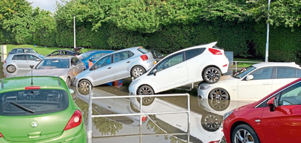 A flooded car park at Queen Victoria Hospital in Kirkcaldy after heavy rain, thunder and lightning two weeks ago