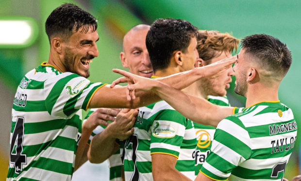 Hatem Elhamed (far left) was happy to be back involved against KR Reykjavik in midweek