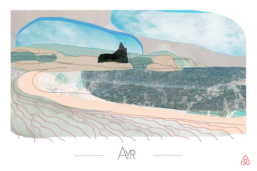 Artist Beca Fflur has created a postcard illustrating the delights of Ayr, Scotland, which is among the top trending UK seaside destinations on Airbnb this summer. To celebrate the resurgence of the seaside holiday, Airbnb has commissioned two British artists to design a series of bespoke, traditional-style postcards for the top ten holiday hotspots.