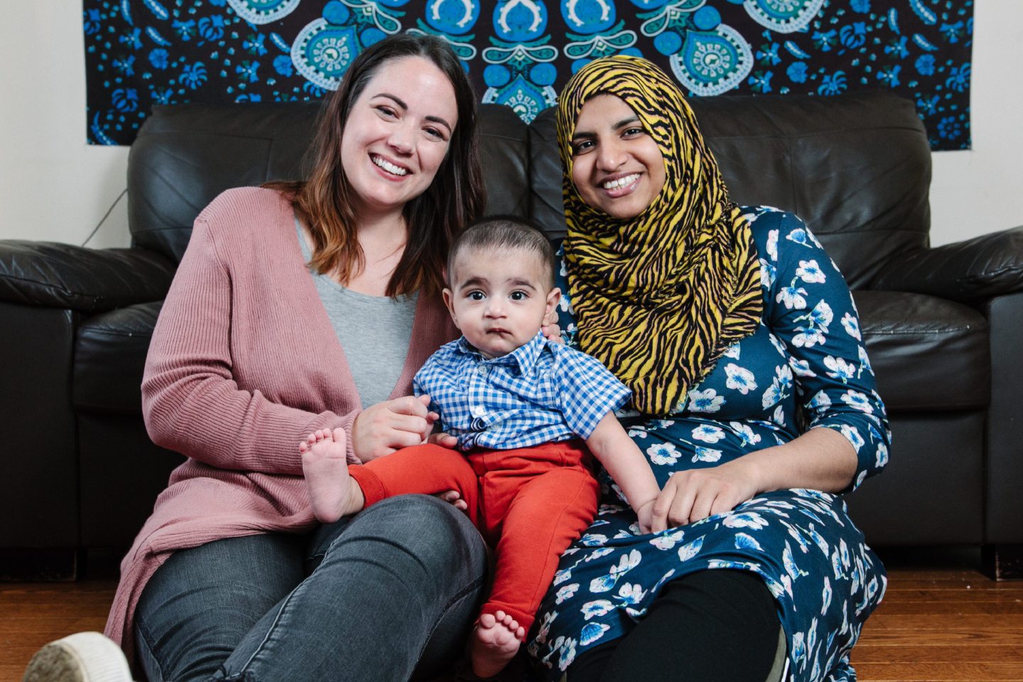 Nosheen Nazer and son Abdul, with doula Amanda Purdie, left, at home in Maryhill.